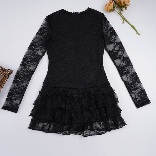 Damen Spitzenkleid mit voluminösen Rüschendetails und langem Arm R&B