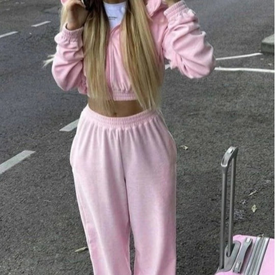 Damen sportliches Cropped-Set mit Kapuze und weiten Hosen R&B