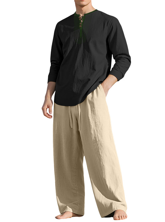 Herren nan Tunika- und Palazzohose-Set mit Henley-Blende, Zierstickerei und weitem Schnitt R&B