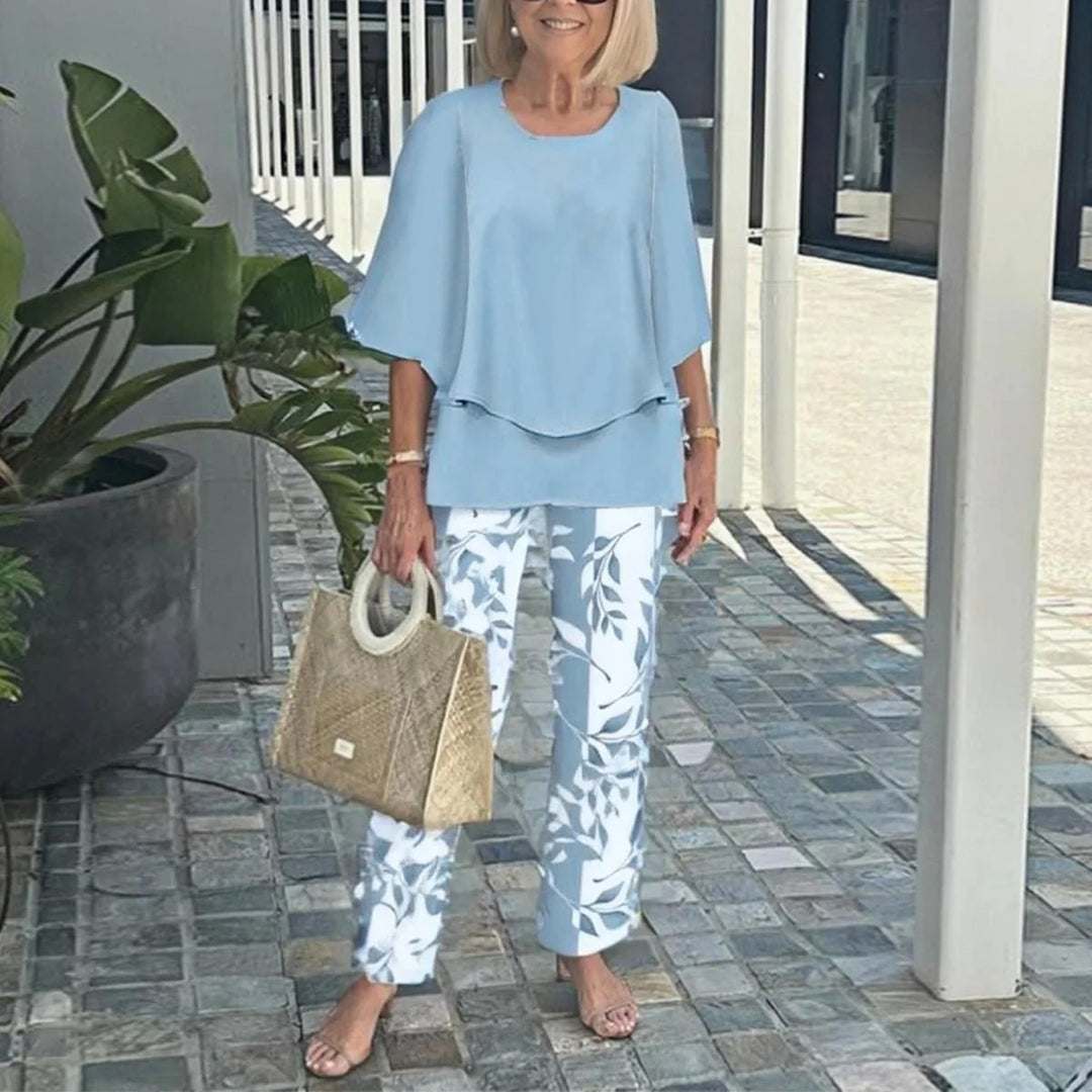Damen nan Lagen-Tunika mit Cape-Ärmeln und knöchellanger Geradebeinhose mit Grafikprint R&B