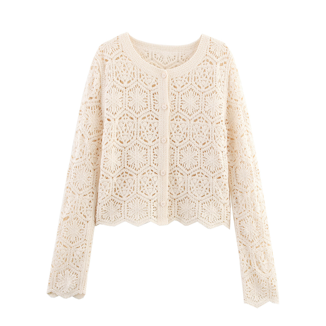 Damen lässige Strickjacke mit floralem Lochmuster und Knopfleiste R&B
