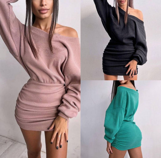 Damen lässiges Mini-Kleid mit asymmetrischem Ausschnitt und Raffung R&B