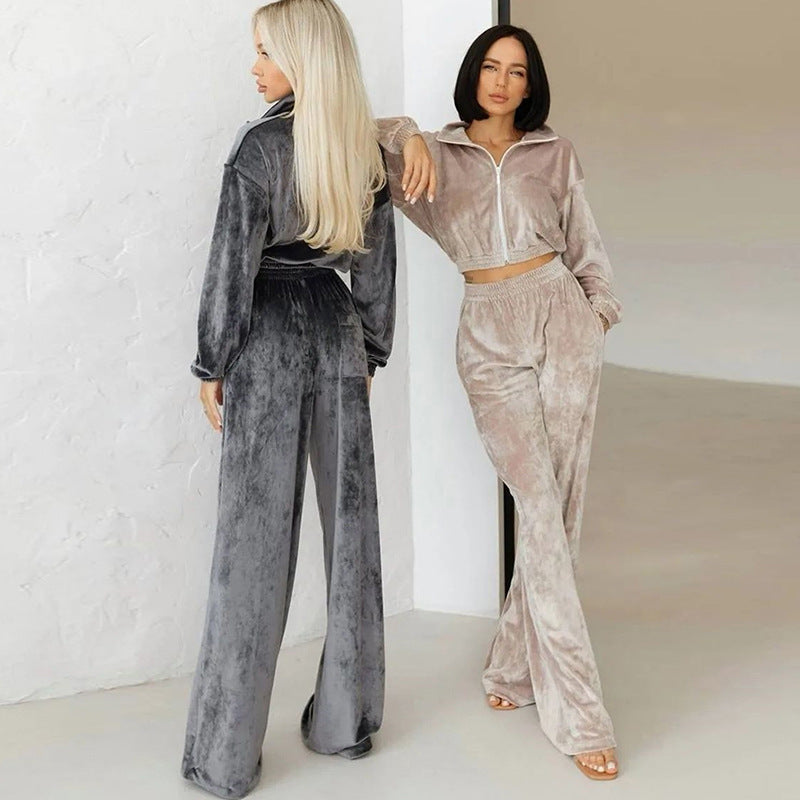 Damen Freizeit-Loungewear-Set aus samtigem Material mit hohem Kragen und Reißverschluss R&B