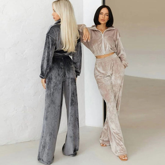 Damen Freizeit-Loungewear-Set aus samtigem Material mit hohem Kragen und Reißverschluss R&B