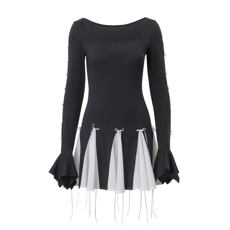 Damen Skaterkleid mit kontrastierenden Rüschendetails und lange Ärmel R&B