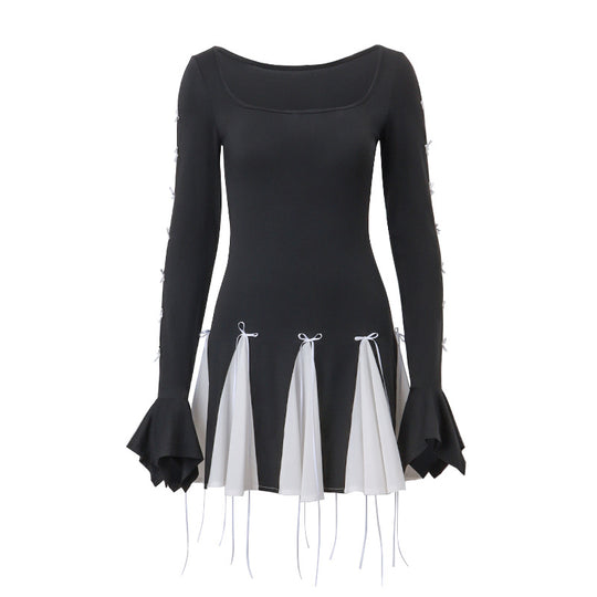 Damen Skaterkleid mit kontrastierenden Rüschendetails und lange Ärmel R&B