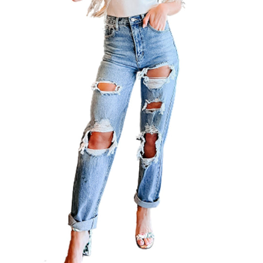 Damen Destroyed Boyfriend Jeans im lässigen Schnitt mit hohem Bund R&B