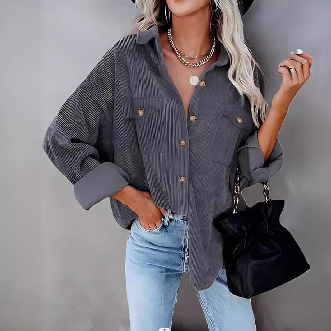 Damen lässige Kordjacke mit Knopfverschlüssen und Taschen R&B