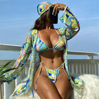 Damen Bunt bedruckter Bikini mit langem Cover-Up R&B