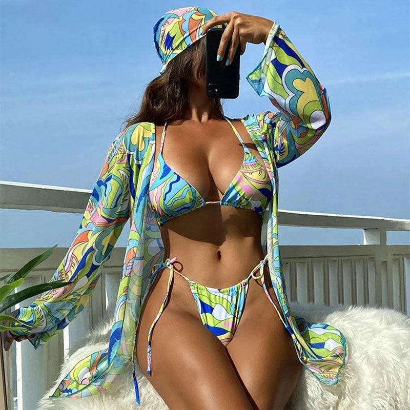 Damen Bunt bedruckter Bikini mit langem Cover-Up R&B