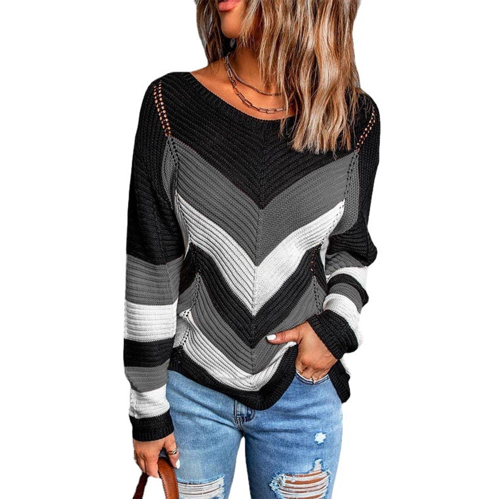 Damen Modischer Strickpullover mit Chevron-Muster und lockerer Passform R&B