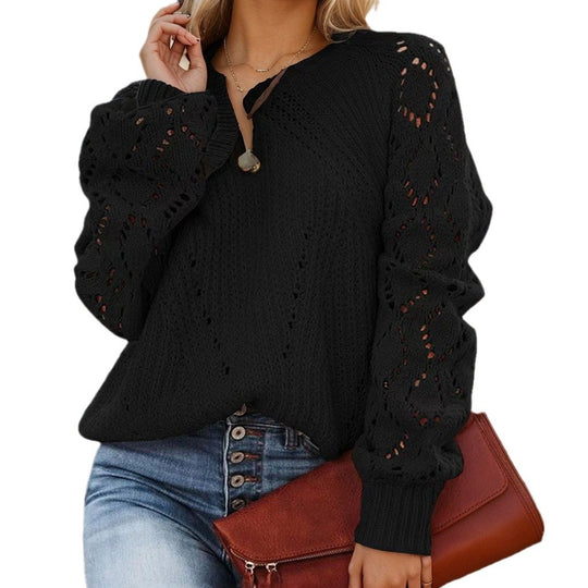 Damen Strickpullover mit romantischem Lochmuster und weiten Ärmeln R&B