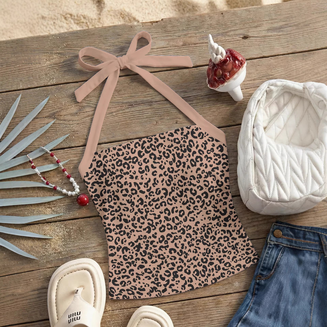 Damen Neckholder Top mit verspieltem Leopardenmuster R&B