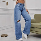 Damen Weite High-Waist Jeans mit modischen Rissdetails R&B