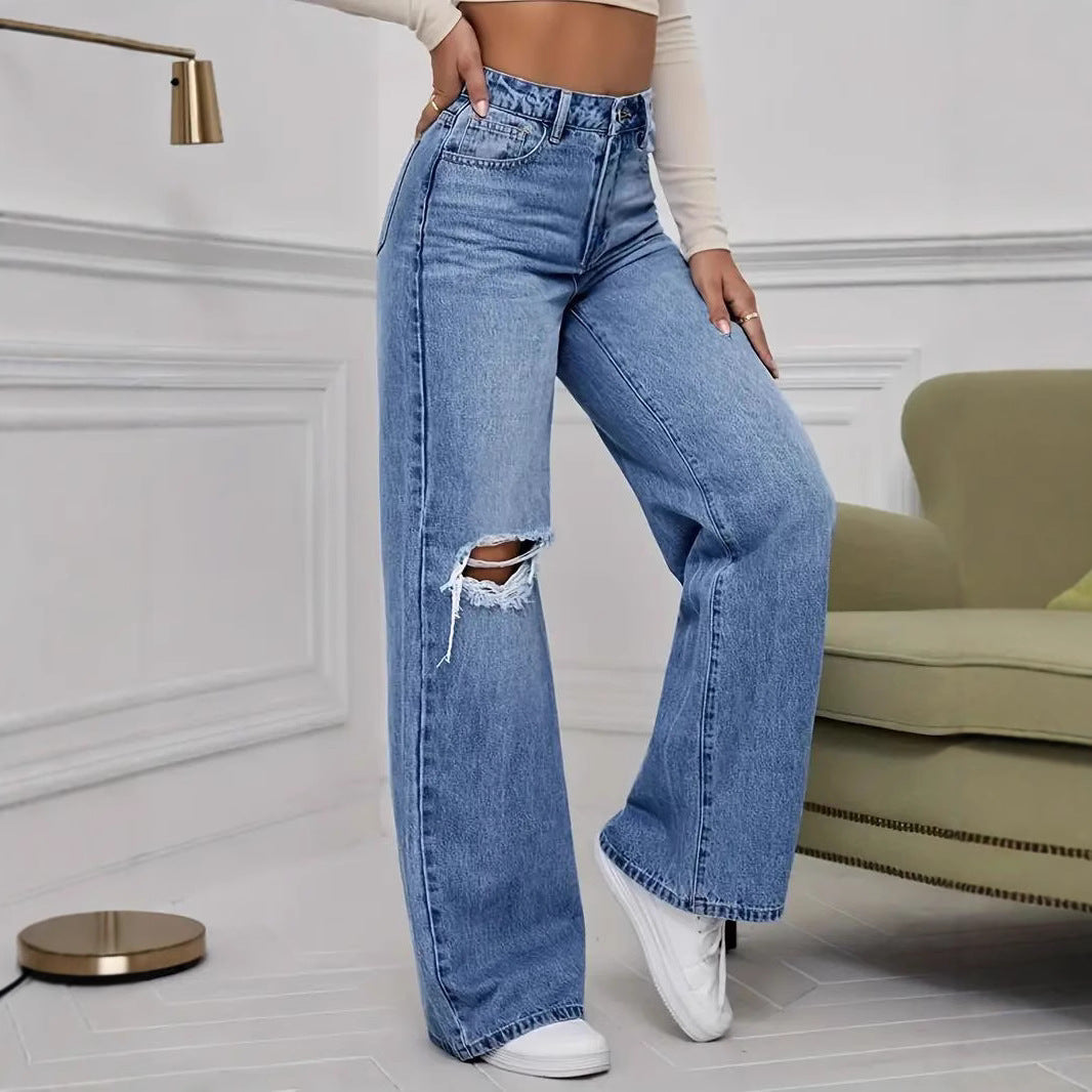 Damen Weite High-Waist Jeans mit modischen Rissdetails R&B
