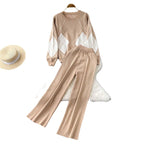Damen elegantes Strick-Loungewear-Set mit Rautenmuster und weitem Bein R&B