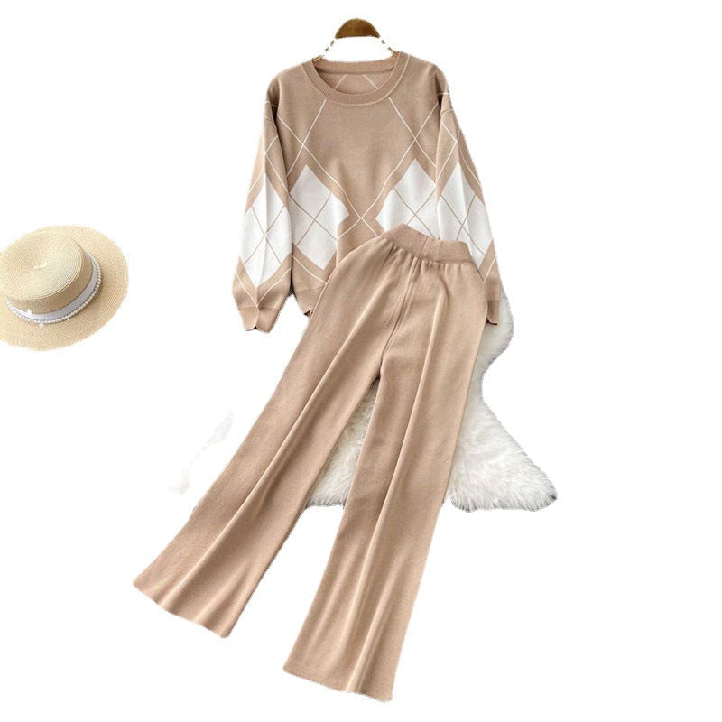 Damen elegantes Strick-Loungewear-Set mit Rautenmuster und weitem Bein R&B