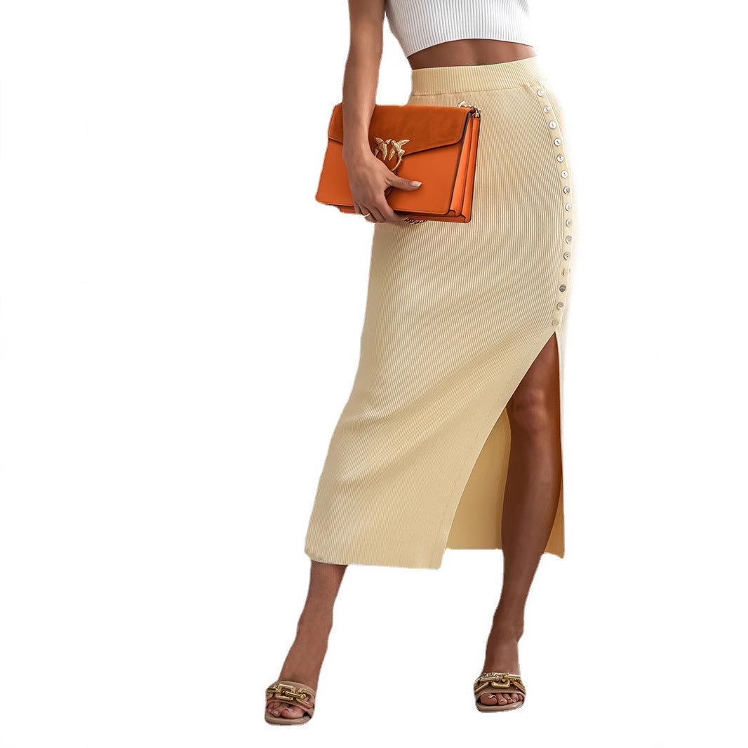 Damen Eleganter Strickrock mit Knopfdetail und Schlitz R&B