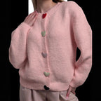Damen lockerer Strickpullover mit herzförmigen Knöpfen und weitem Schnitt R&B