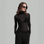 Damen nan feines transparentes Mesh-Langarmtop mit Rollkragen und figurbetonter Passform R&B