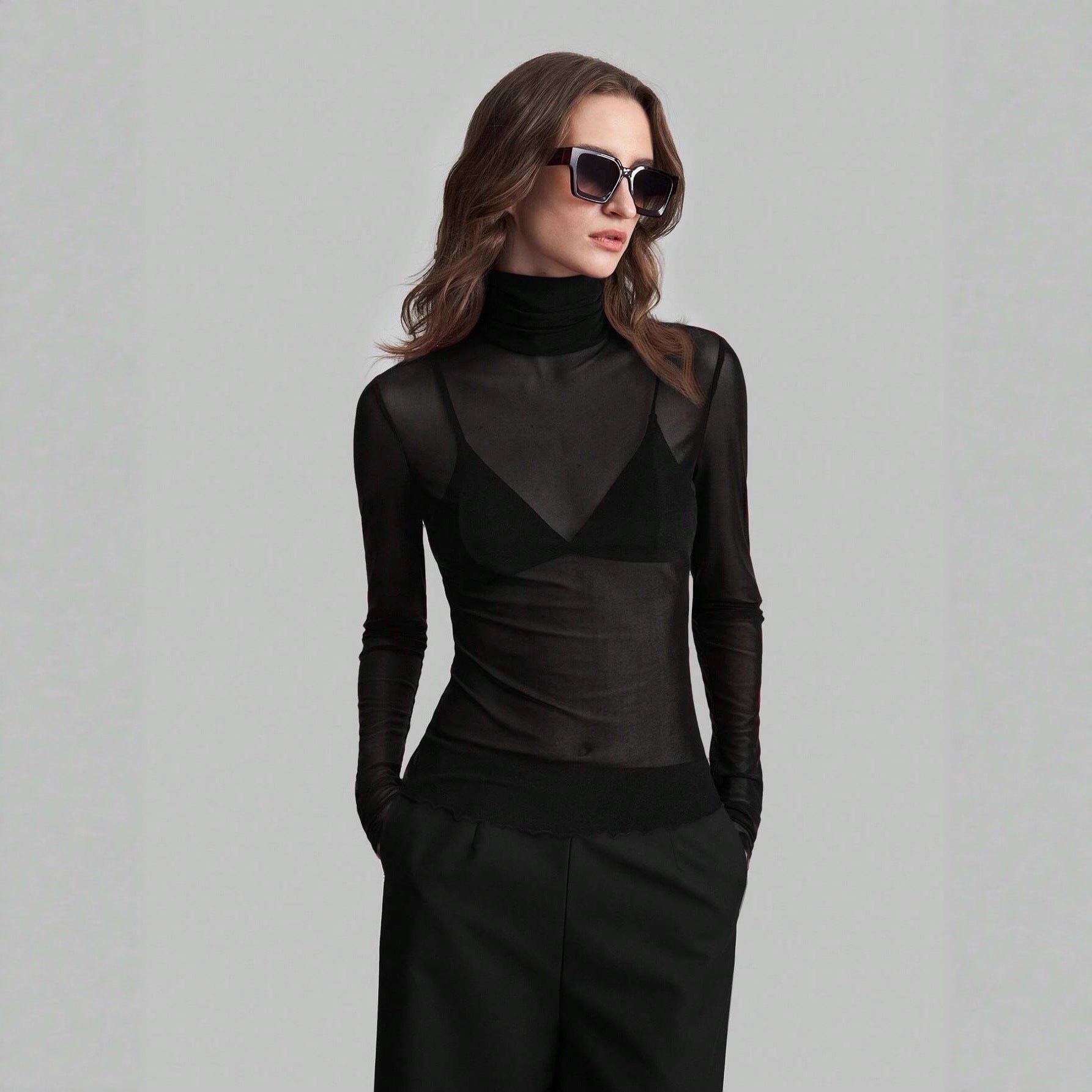 Damen nan feines transparentes Mesh-Langarmtop mit Rollkragen und figurbetonter Passform R&B