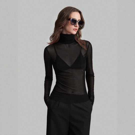 Damen nan feines transparentes Mesh-Langarmtop mit Rollkragen und figurbetonter Passform R&B
