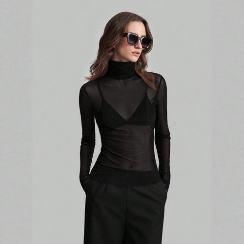Damen nan feines transparentes Mesh-Langarmtop mit Rollkragen und figurbetonter Passform R&B
