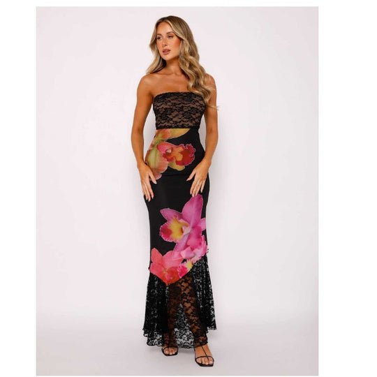 Damen Off-Shoulder Spitzenkleid mit Floral-Akzenten und transparentem Unterstoff R&B