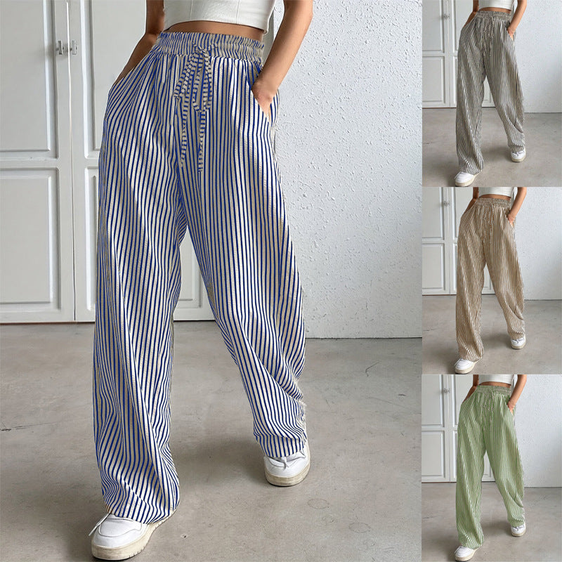Damen weite Streifenhose mit Gummizug und Seitentaschen