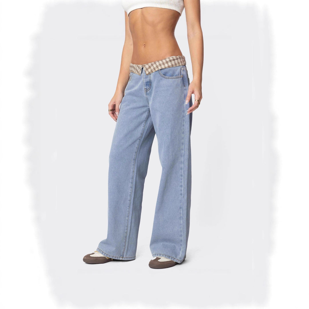 Damen Weite Jeans mit kariertem Bund R&B