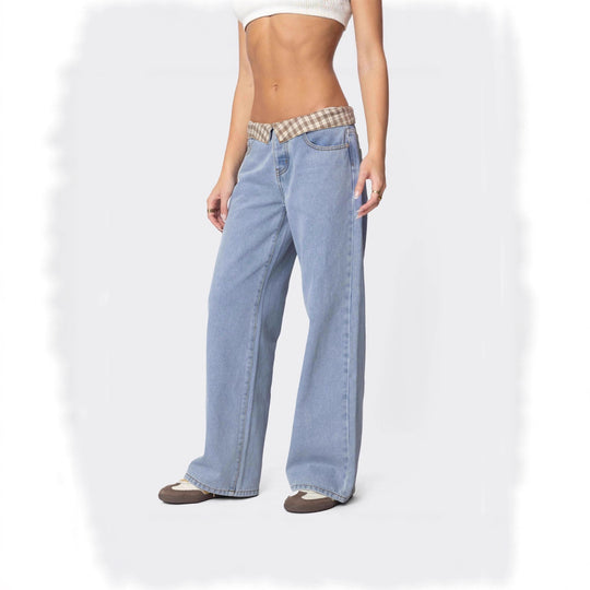 Damen Weite Jeans mit kariertem Bund R&B