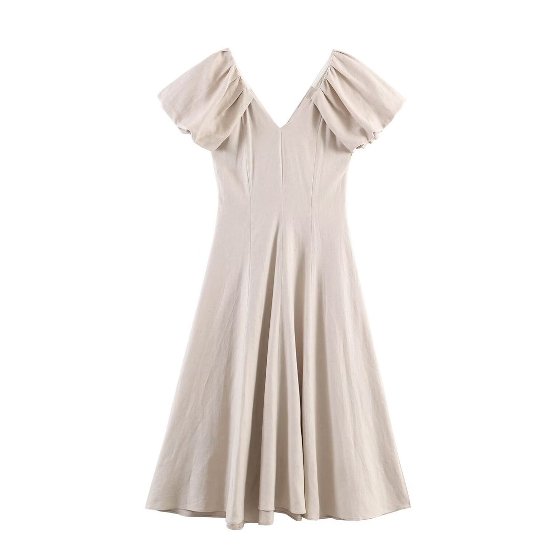 Damen V-Ausschnitt Kleid mit voluminösen Puffärmeln und schwingendem Rock R&B