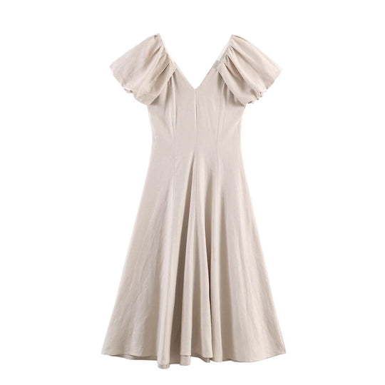 Damen V-Ausschnitt Kleid mit voluminösen Puffärmeln und schwingendem Rock R&B