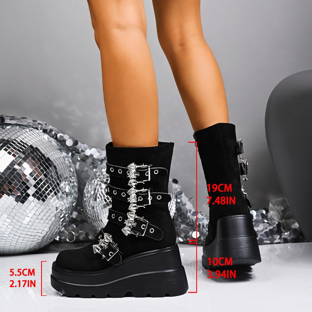 Damen Wedge-Stiefeletten mit modischen Schnallen und rutschfester Sohle R&B