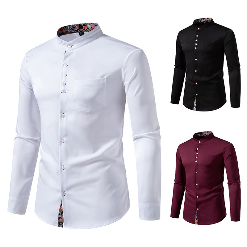 Herren Langarmhemd mit modernem Stehkragen und Paisleymuster R&B