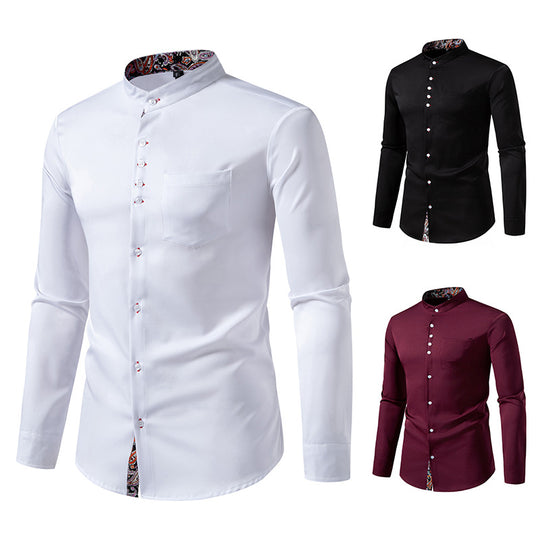 Herren Langarmhemd mit modernem Stehkragen und Paisleymuster R&B