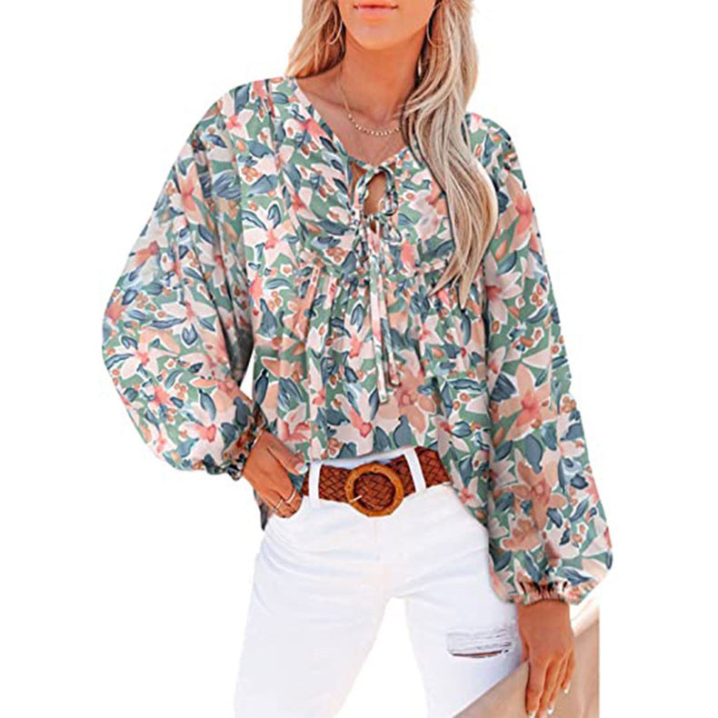 Damen Lockere Bluse mit floralem Muster und voluminösen Ärmeln R&B