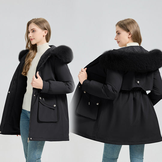 Damen Modische Pufferjacke mit abnehmbarem Kunstpelzkragen und funktionalen Taschen R&B