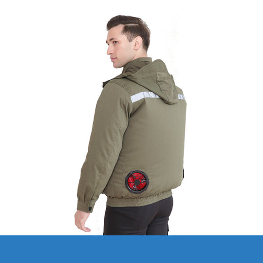 Unisex nan ventilated jacket for work and outdoor with integrated USB fans, battery compartment and hood R&B