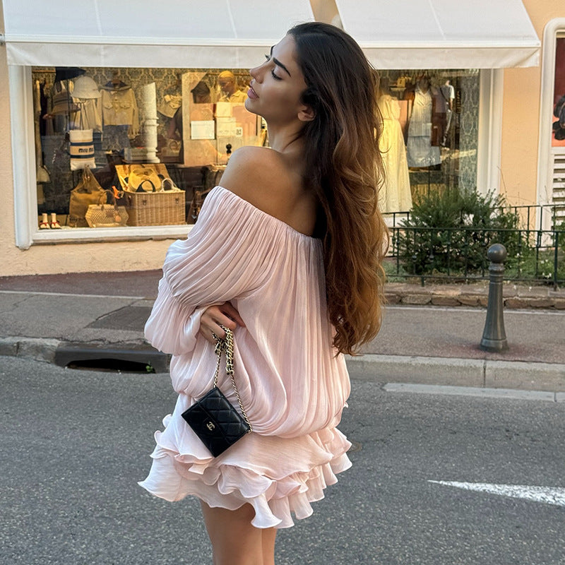 Damen luftiges Off-Shoulder Kleid mit Rüschenschnitt R&B