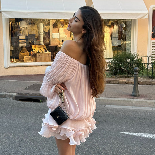 Damen luftiges Off-Shoulder Kleid mit Rüschenschnitt R&B
