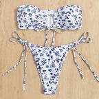 Damen Bandeau-Bikini mit romantischem Floral-Design und verstellbaren Schnürdetails R&B