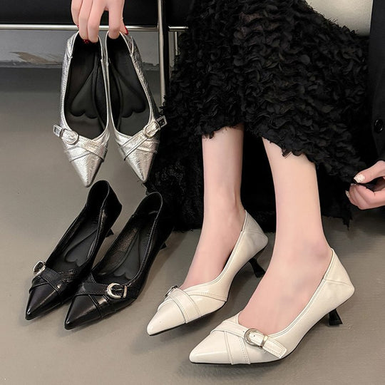 Damen elegante Pumps mit dekorativem Schnallenverschluss und spitzem Design R&B