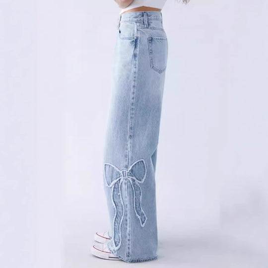 Damen weite High-Waist Denim-Jeans mit Distressed-Details R&B