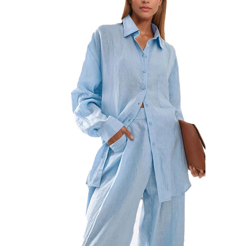 Damen lässiges Leinen-Hemd- und Hosen-Set R&B
