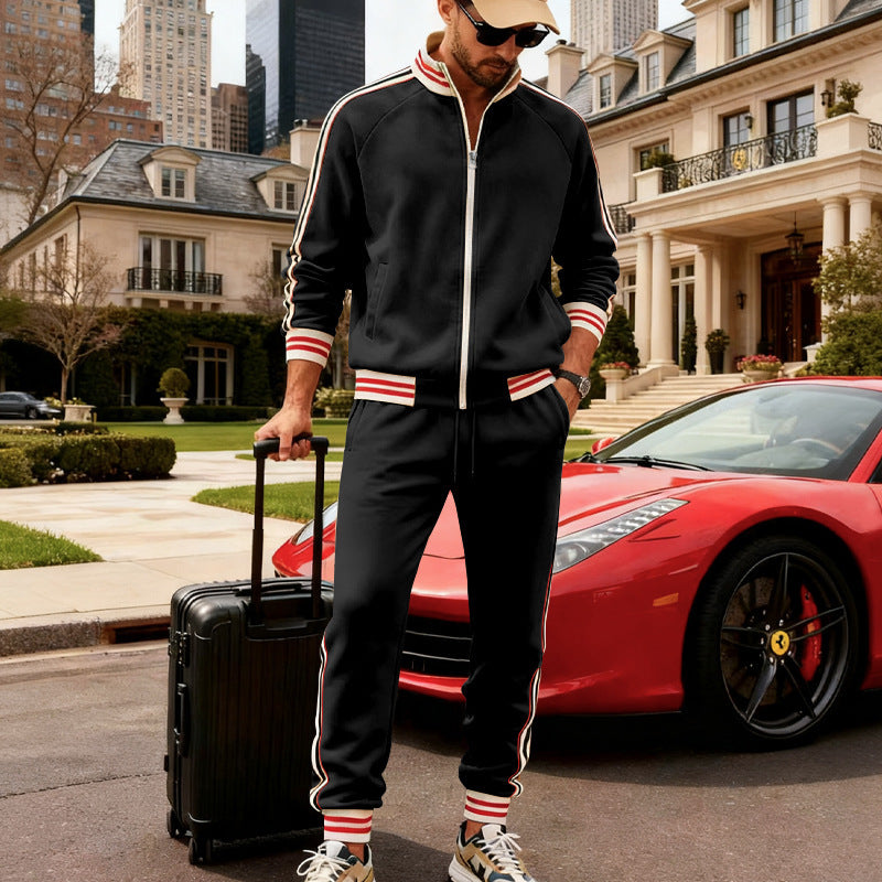 Herren nan sportiver Trainingsanzug mit gestreiften Rippbündchen, Reißverschlussjacke und tapered Jogginghose R&B