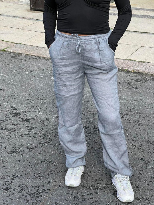 Damen lockere Leinenhose mit elastischem Bund und seitlichen Taschen R&B