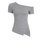 Damen asymmetrisches Kurzarm-Oberteil mit Knopfdetails und einzigartigem Schnitt R&B