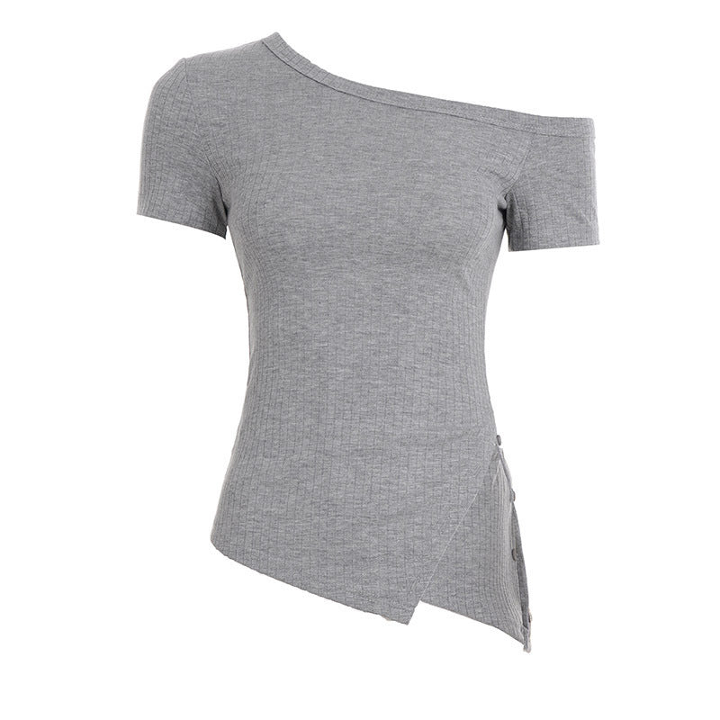 Damen asymmetrisches Kurzarm-Oberteil mit Knopfdetails und einzigartigem Schnitt R&B