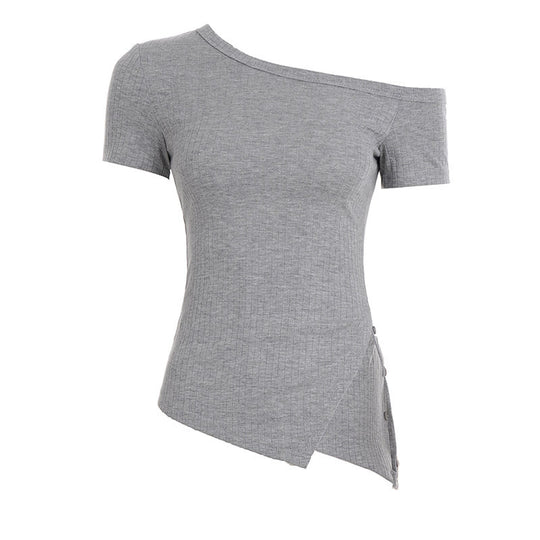Damen asymmetrisches Kurzarm-Oberteil mit Knopfdetails und einzigartigem Schnitt R&B